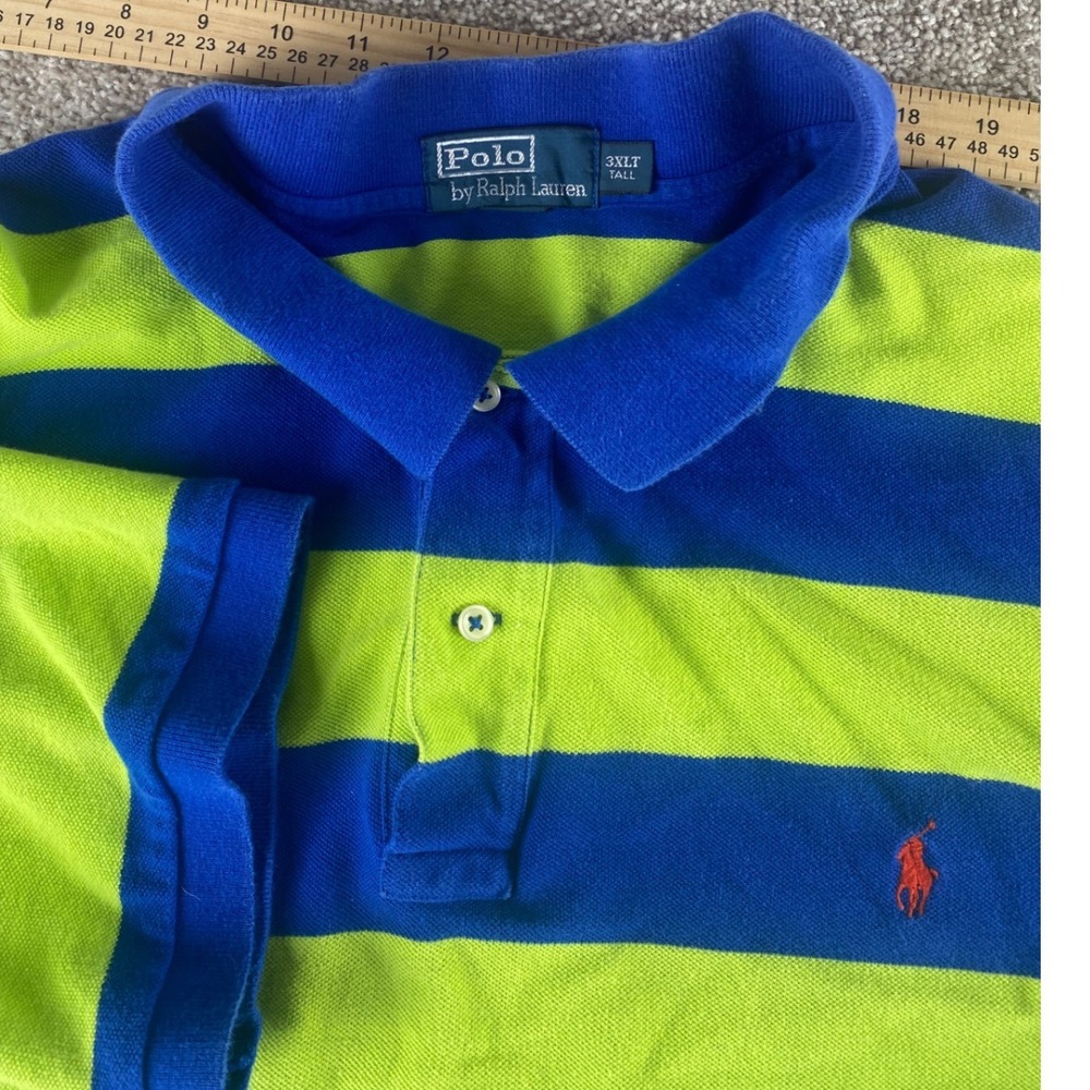 Polo Ralph Lauren Mens 3XLT Tall Blue Lime Green Striped Cotton Polo Red Pony